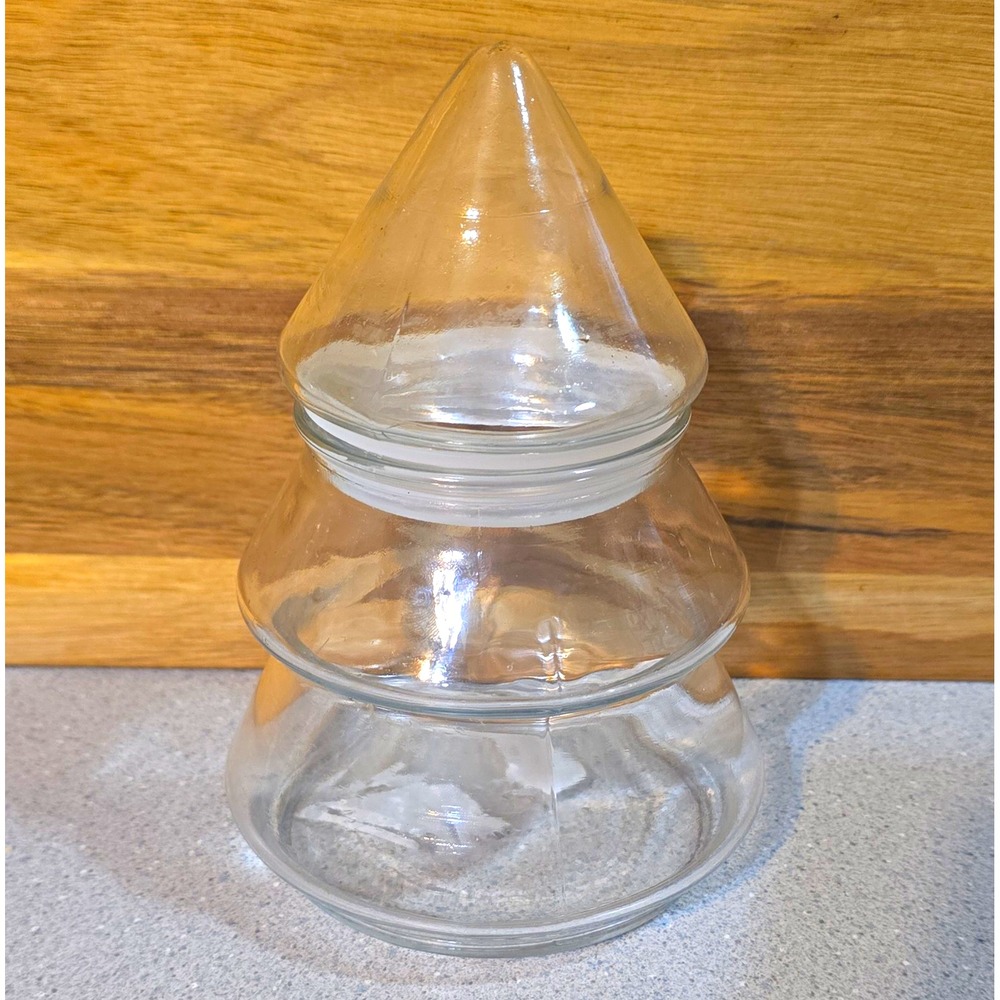 Clear Glass Christmas Tree Candy Jar Canister w/ Lid 16 oz 6.5" Solid